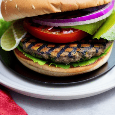 Hambúrguer vegano perfeitamente grelhado com coberturas coloridas, servido em um pão vegano.