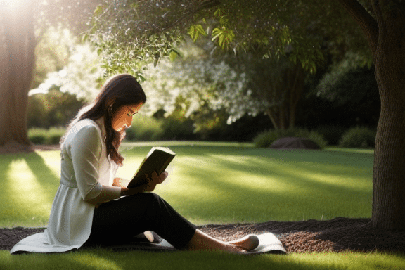 Pessoa meditando na palavra de Deus em um jardim tranquilo