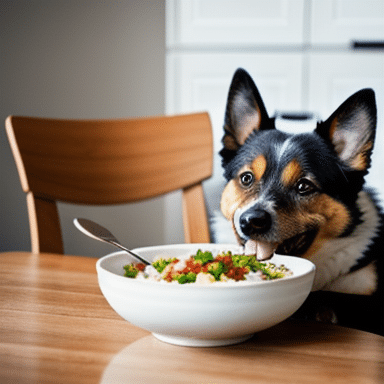 A happy dog enjoying a bowl of fresh natural food