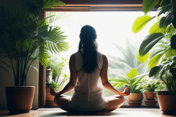 Imagem de uma pessoa meditando em um ambiente tranquilo com iluminação natural suave; cercada por plantas e uma atmosfera calmante