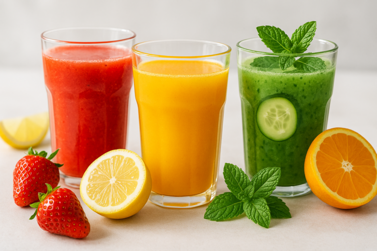 Três bebidas funcionais coloridas com frutas cítricas, morangos e folhas de hortelã sobre uma mesa clara