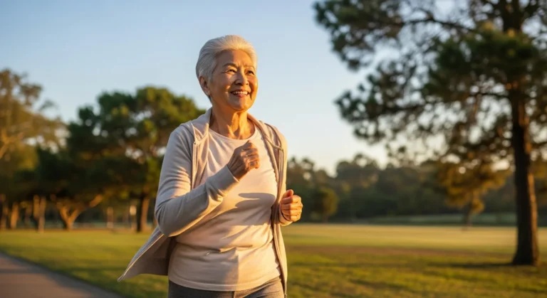 Pessoa idosa praticando corrida moderada ao ar livre ao amanhecer, simbolizando longevidade e bem-estar.